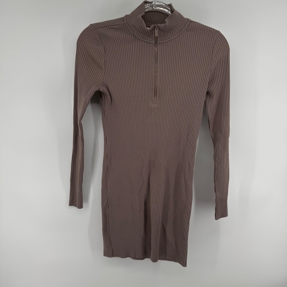 H&M Ribbed Mock Neck Long Sleeve Zipper Dress Brown Size M